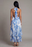 Halter Neck A-Line Sky Blue Pleated Maxi Wedding Guest Dress with Bow