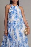 Halter Neck A-Line Sky Blue Pleated Maxi Wedding Guest Dress with Bow