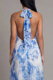 Halter Neck A-Line Sky Blue Pleated Maxi Wedding Guest Dress with Bow