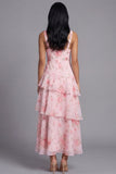 Pink Chiffon V-Neck Tiered Floral Printed Ruffled Long Wedding Guest Dress