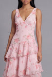 Pink Chiffon V-Neck Tiered Floral Printed Ruffled Long Wedding Guest Dress