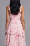 Pink Chiffon V-Neck Tiered Floral Printed Ruffled Long Wedding Guest Dress