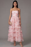 Pink Strapless A-Line Chiffon Tiered Floral Printed Long Wedding Guest Dress