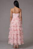 Pink Strapless A-Line Chiffon Tiered Floral Printed Long Wedding Guest Dress