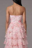 Pink Strapless A-Line Chiffon Tiered Floral Printed Long Wedding Guest Dress
