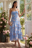 Chiffon Blue Sheath Strapless Tiered Floral Printed Long Wedding Guest Dress