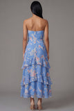 Chiffon Blue Sheath Strapless Tiered Floral Printed Long Wedding Guest Dress