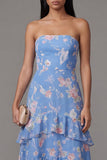 Chiffon Blue Sheath Strapless Tiered Floral Printed Long Wedding Guest Dress