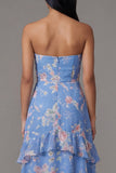 Chiffon Blue Sheath Strapless Tiered Floral Printed Long Wedding Guest Dress