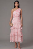 One Shoulder Chiffon Pink Ruched Tiered Floral Printed Long Wedding Guest Dress