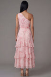 One Shoulder Chiffon Pink Ruched Tiered Floral Printed Long Wedding Guest Dress
