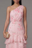 One Shoulder Chiffon Pink Ruched Tiered Floral Printed Long Wedding Guest Dress