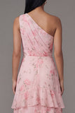 One Shoulder Chiffon Pink Ruched Tiered Floral Printed Long Wedding Guest Dress