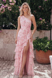 Chiffon One Shoulder Pink Ruched Tiered Floral Printed Long Wedding Guest Dress with Slit