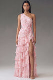 Chiffon One Shoulder Pink Ruched Tiered Floral Printed Long Wedding Guest Dress with Slit