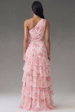 Chiffon One Shoulder Pink Ruched Tiered Floral Printed Long Wedding Guest Dress with Slit