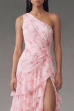 Chiffon One Shoulder Pink Ruched Tiered Floral Printed Long Wedding Guest Dress with Slit