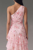 Chiffon One Shoulder Pink Ruched Tiered Floral Printed Long Wedding Guest Dress with Slit