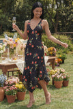 Black A-Line Chiffon V-Neck Printed Floral Maxi Wedding Guest Dress