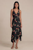 Black A-Line Chiffon V-Neck Printed Floral Maxi Wedding Guest Dress