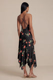 Black A-Line Chiffon V-Neck Printed Floral Maxi Wedding Guest Dress