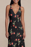Black A-Line Chiffon V-Neck Printed Floral Maxi Wedding Guest Dress