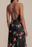 Black A-Line Chiffon V-Neck Printed Floral Maxi Wedding Guest Dress