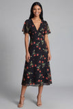 Chiffon A-Line Black Red Flower V-Neck Midi Wedding Guest Dress with Short Sleeves