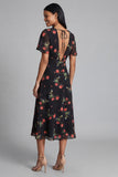 Chiffon A-Line Black Red Flower V-Neck Midi Wedding Guest Dress with Short Sleeves