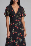 Chiffon A-Line Black Red Flower V-Neck Midi Wedding Guest Dress with Short Sleeves