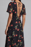 Chiffon A-Line Black Red Flower V-Neck Midi Wedding Guest Dress with Short Sleeves