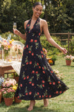 Halter Neck Chiffon Sheath Black Red Flower Printed Long Wedding Guest Dress
