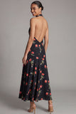 Halter Neck Chiffon Sheath Black Red Flower Printed Long Wedding Guest Dress