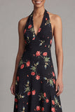 Halter Neck Chiffon Sheath Black Red Flower Printed Long Wedding Guest Dress
