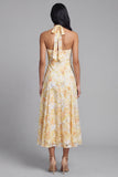 Lace Yellow Halter Neck Sheath Midi Floral with Bow