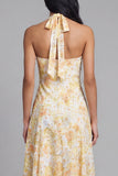 Lace Yellow Halter Neck Sheath Midi Floral with Bow