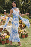 White Blue Flower V-Neck Sheath Long Chiffon Dress with Neck Scarf
