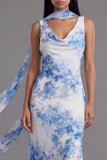 White Blue Flower V-Neck Sheath Long Chiffon Dress with Neck Scarf