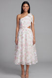 One Shoulder White Pink Flower Chiffon Cut Out A-Line Floral Dress with Bow