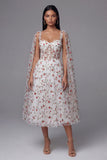 Ivory Red Flower Sheer Corset A-Line Midi Wedding Guest Dress