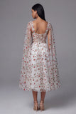 Ivory Red Flower Sheer Corset A-Line Midi Wedding Guest Dress