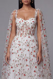 Ivory Red Flower Sheer Corset A-Line Midi Wedding Guest Dress