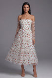 Ivory Red Flower A-Line Strapless Midi Wedding Guest Dress with Sheer Sleeves
