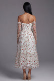 Ivory Red Flower A-Line Strapless Midi Wedding Guest Dress with Sheer Sleeves