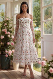 Ivory Red Flower A-Line Strapless Midi Wedding Guest Dress with Sheer Sleeves
