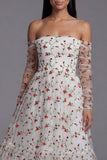 Ivory Red Flower A-Line Strapless Midi Wedding Guest Dress with Sheer Sleeves