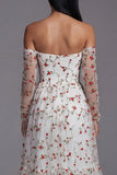 Ivory Red Flower A-Line Strapless Midi Wedding Guest Dress with Sheer Sleeves