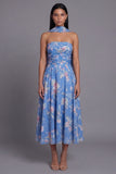 Sheath Strapless Chiffon Blue Floral Printed Midi Wedding Guest Dress with Neck Scarf