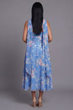 Sheath Strapless Chiffon Blue Floral Printed Midi Wedding Guest Dress with Neck Scarf