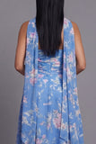 Sheath Strapless Chiffon Blue Floral Printed Midi Wedding Guest Dress with Neck Scarf